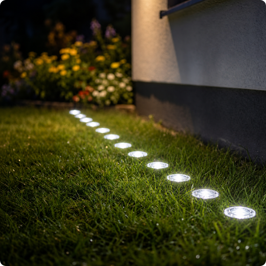 Spots solaires exterieurs Myriade plantés dans la pelouse