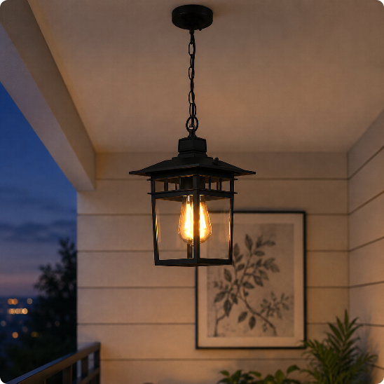 Suspension exterieur rétro japonisante éclairant un balcon