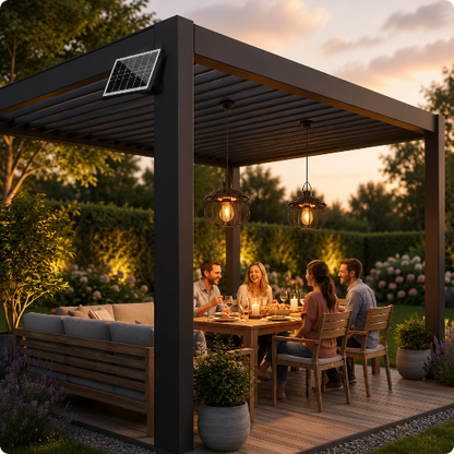 Suspension exterieure etanche AuraSolar éclairant un dîner