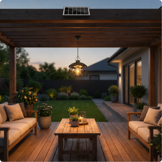 Suspension exterieure etanche AuraSolar éclairant une pergola