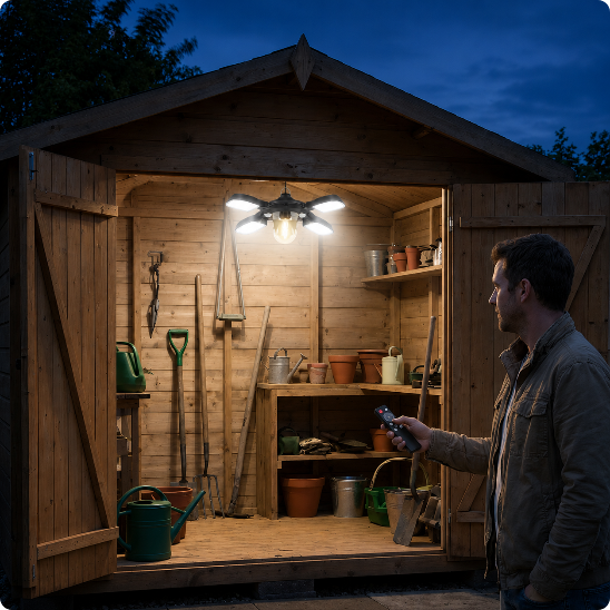 Suspension pour exterieur NovaSolar éclairant un cabanon de jardin