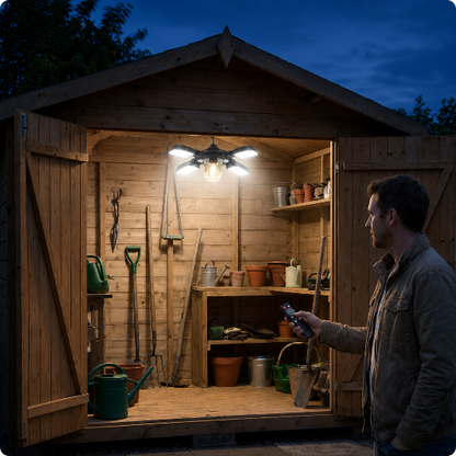 Suspension pour exterieur NovaSolar éclairant un cabanon de jardin