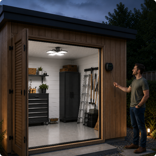 suspension solaire extérieur LumiSensor éclairant un abri de jardin