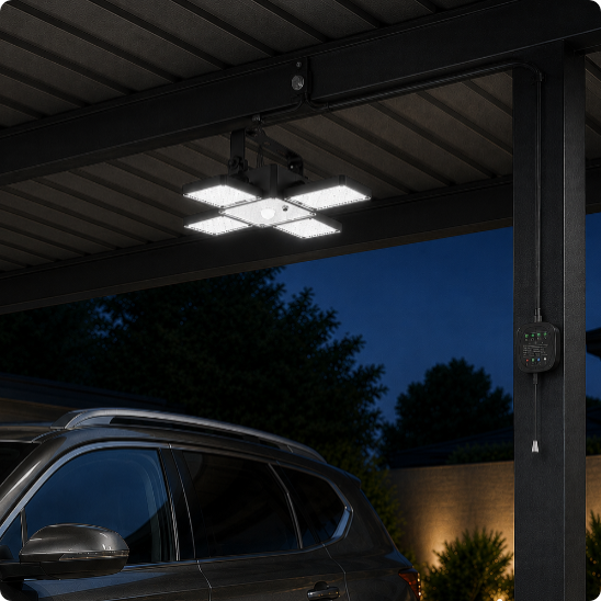 suspension solaire extérieur LumiSensor éclairant un carpoprt de voiture