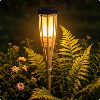 Torche de jardin Bambou allumée vue en détail